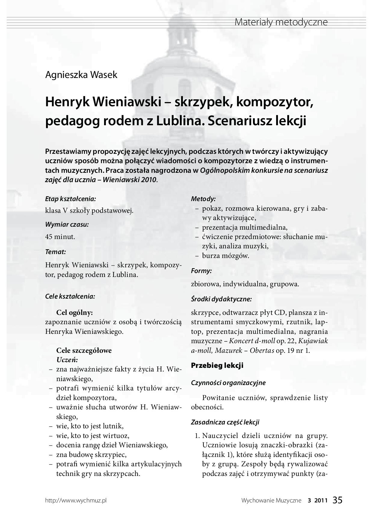 Henryk Wieniawski – skrzypek, kompozytor, pedagog rodem z Lublina. Scenariusz lekcji